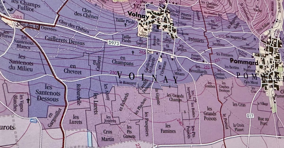 Close up of map of Burgundy vineyards in the Cote d'Or