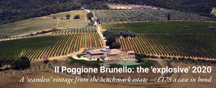 Il Poggione vineyards, with the caption: Il Poggione Brunello, the 'explosive' 2020