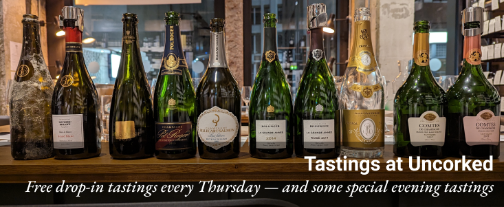 Champagne bottles in the Uncorked shop with caption: Tastings at Uncorked, free drop-in tastings every Thursday - and some special evening tastings
